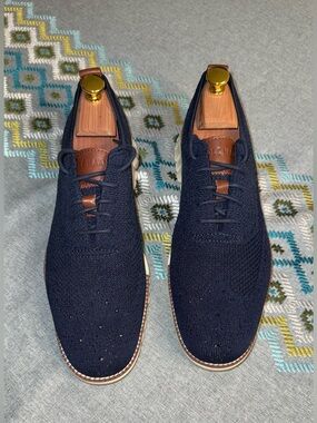 Cole Haan ZEROGRAND Men’s Navy Knit Oxford Shoes 9.5 Brown Leather Trim